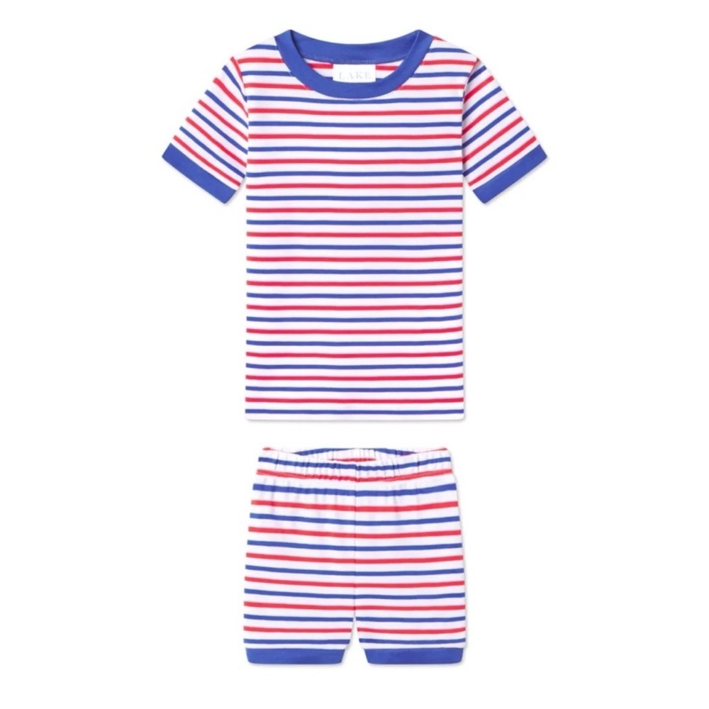 NEW LAKE Pajamas Red White Blue Kids Liberty Stripe Short Set Pima Cotton Sz 12